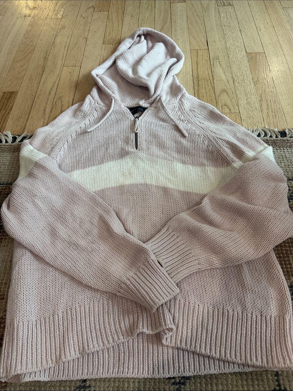 360 Sweater Blush Pink Hooded Half-Zip Sweater with Cream Stripe